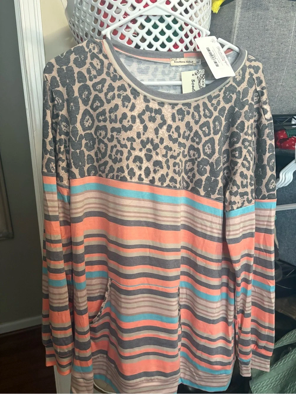 Ladies new Striped & Leopard Print Long Sleeve Pullover - Coral/Turquoise/Gray